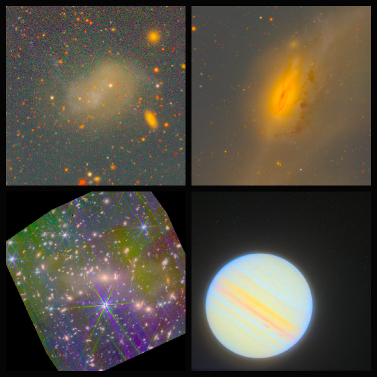 Auto RGB on IC 3418, NGC 4438, JWST SMACS 0723, and HST OPAL Jupiter